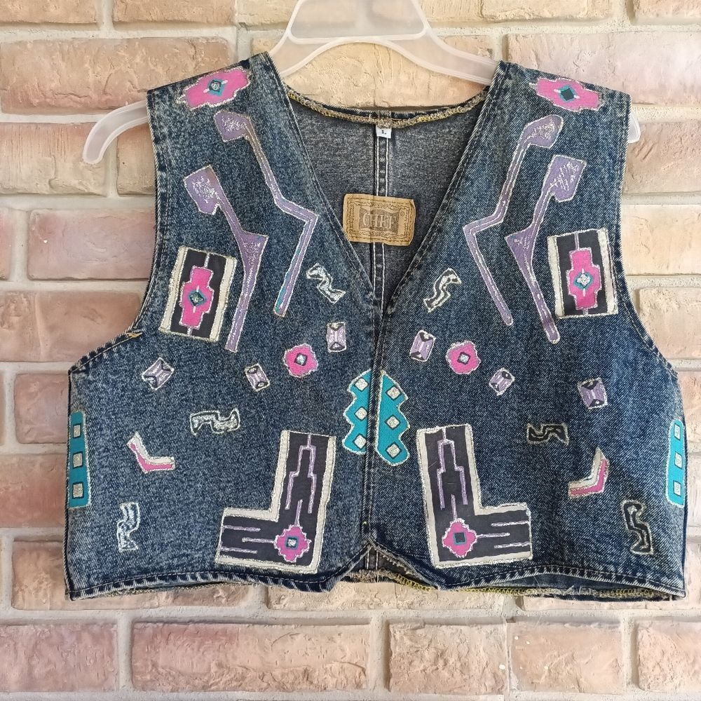 Colorful Denim Vest with Geometric Patterns